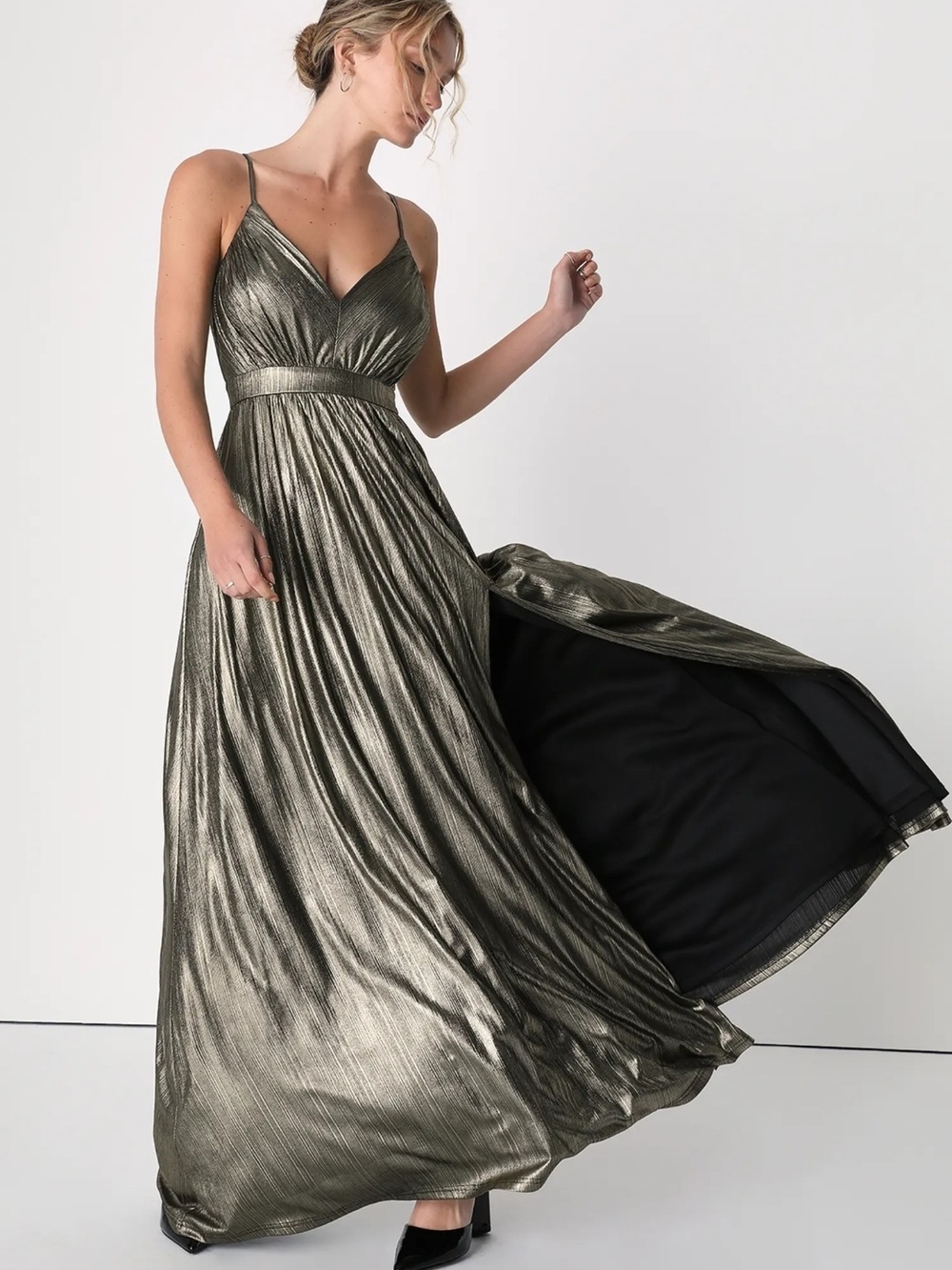 New Lulu's Womens Beyond Exquisite Gold Metallic Formal Maxi Dress Prom Medium